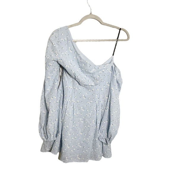 Majorelle Mandy One Shoulder Dress Mini Linen Blend Ditsy Floral Blue Size Small - Picture 4 of 7